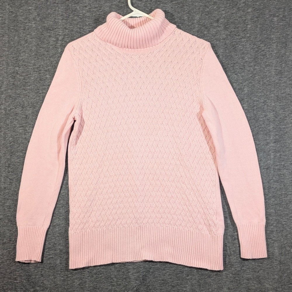 Karen Scott Pink Turtleneck Sweater 100% Cotton Basketweave Cable Knit Size M